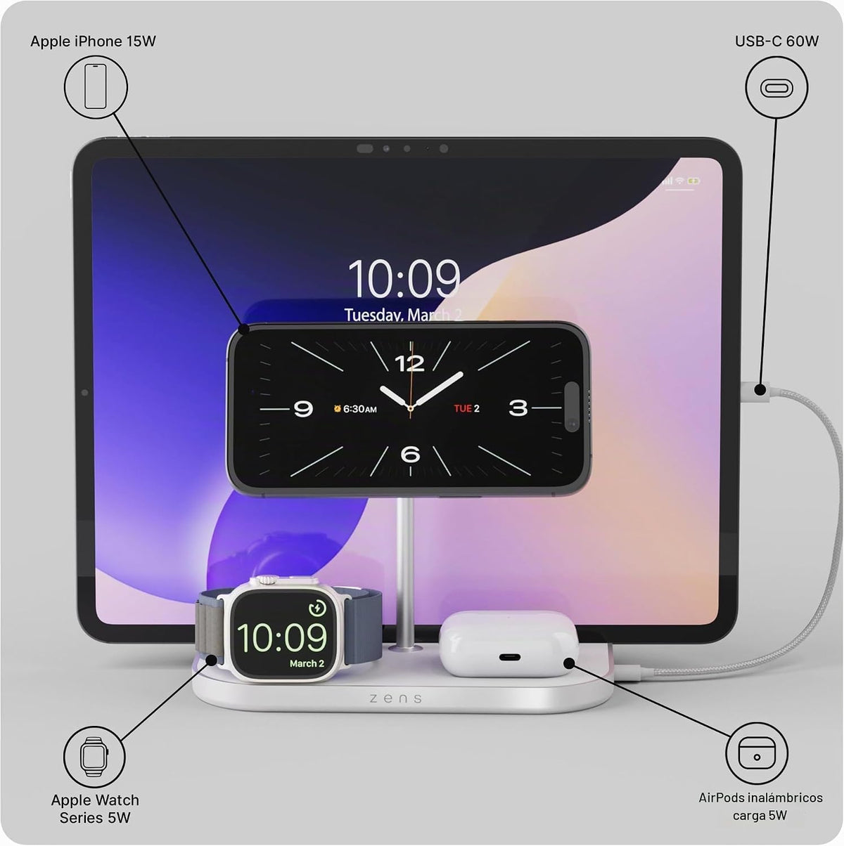 Zens Cargador inalámbrico 4 en 1, compatible con MagSafe y Qi2, carga inalámbrica ultrarrápida de 15 W para Apple iPhone 16/15/14/13/12, Apple Watch, AirPods, incluye adaptador de corriente (blanco)