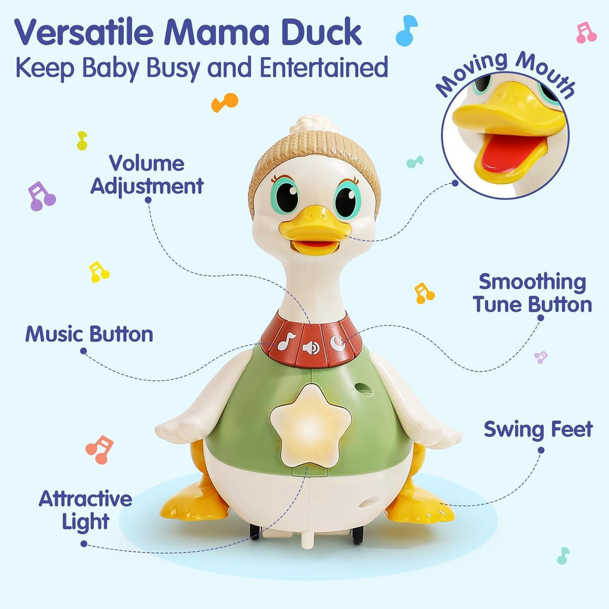 HOLA Juego de juguetes musicales de pato bailarín con mamá y bebés, juguetes para bebés de 6 a 12 meses, 2 modos interactivos, juguetes para gatear con sonidos y luces