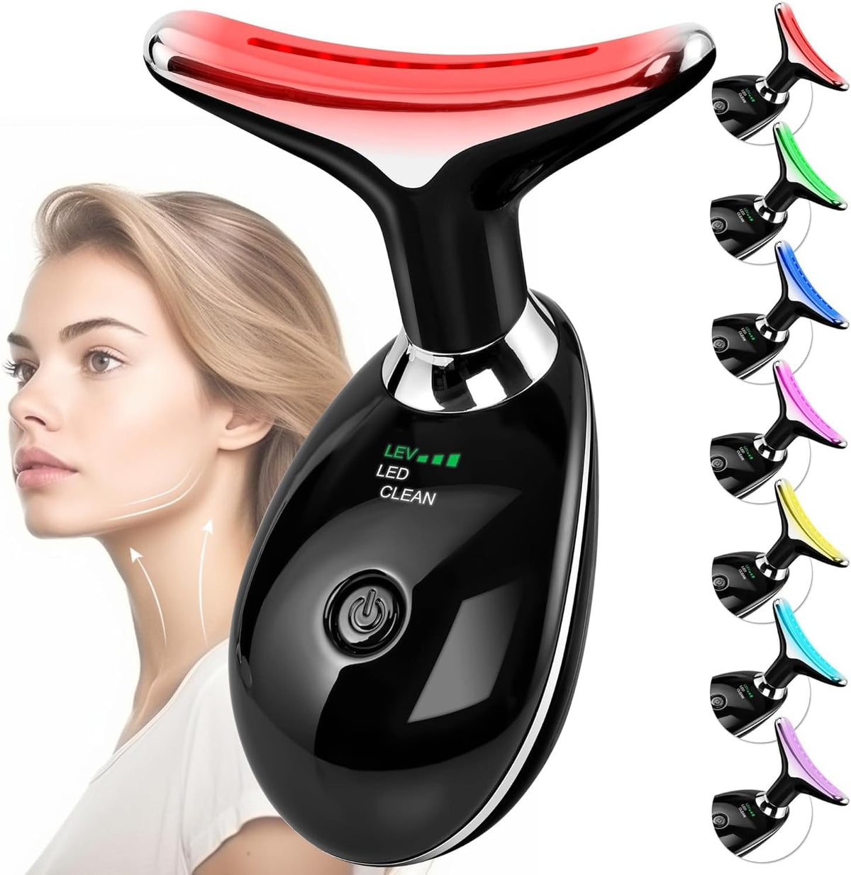 Masajeador facial con terapia de luz roja para cara y cuello, varita de esculpir cara con 7 colores (negro brillante)