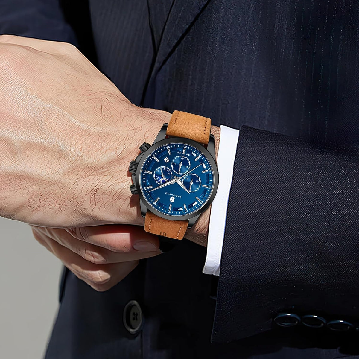 SAPPHERO Relojes cronógrafos para hombre, reloj analógico de acero inoxidable casual original para negocios, 50M, impermeable, luminoso, con esfera de fecha, regalo para hombre