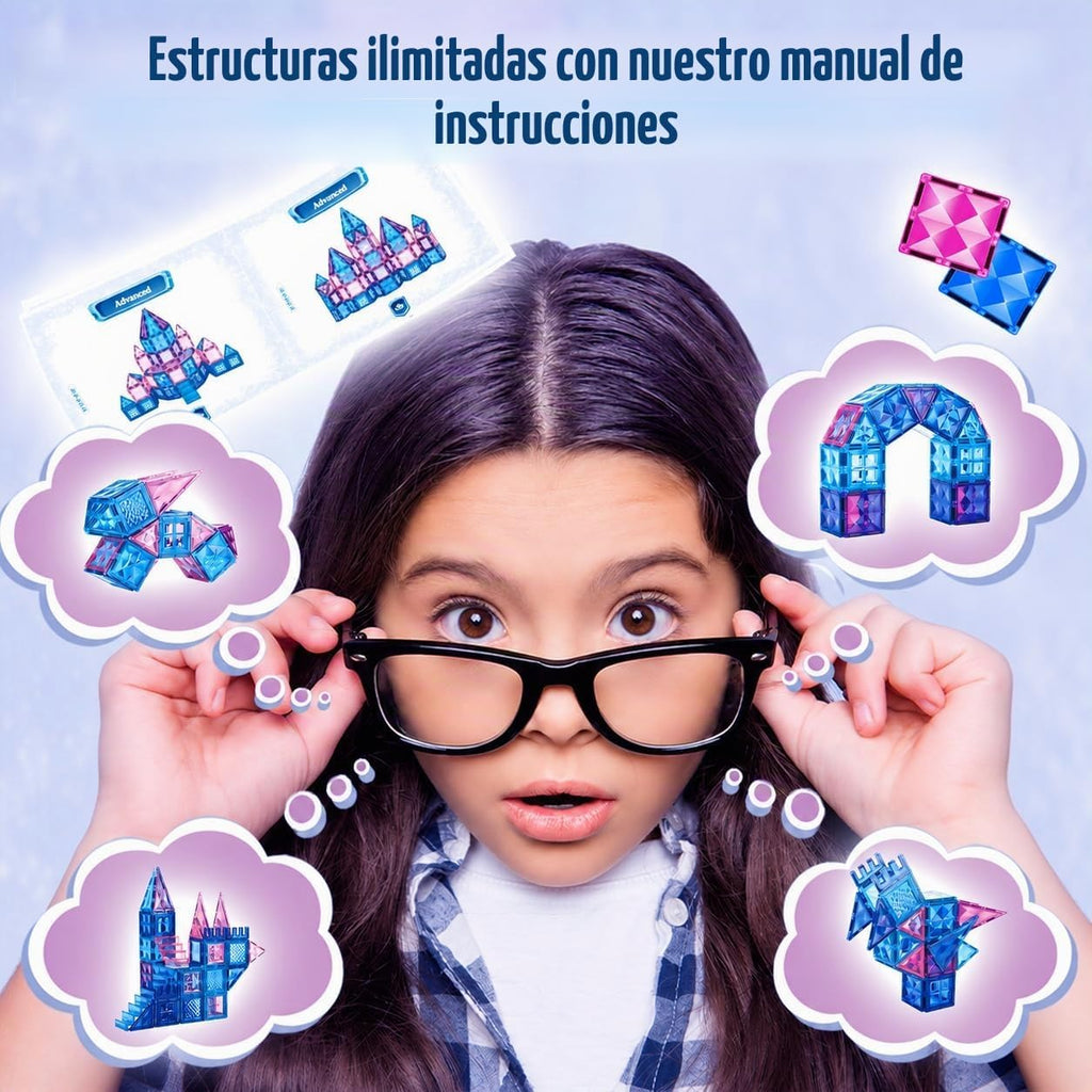 Little Pi 102 piezas de bloques de construcción con azulejos magnéticos de castillo de princesa congelada - Bloques de diamante 3D, juguetes educativos STEM para juego de rol, regalos de cumpleaños