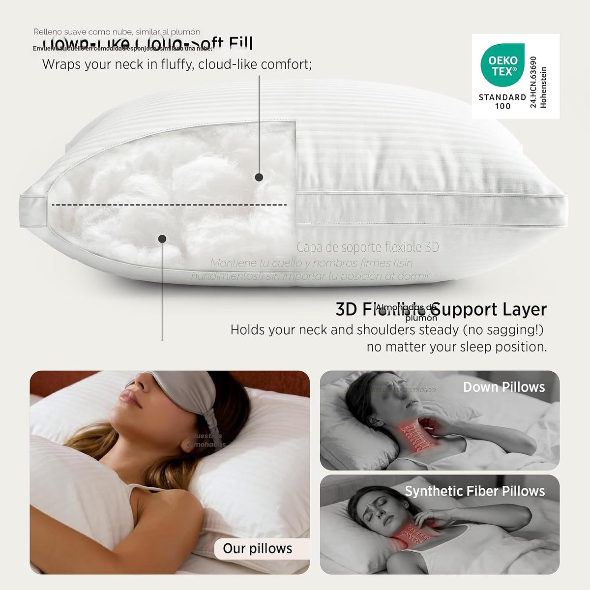 Bedsure PureWoven - Juego de 2 almohadas de hotel tamaño Queen con carcasa 100% de algodón