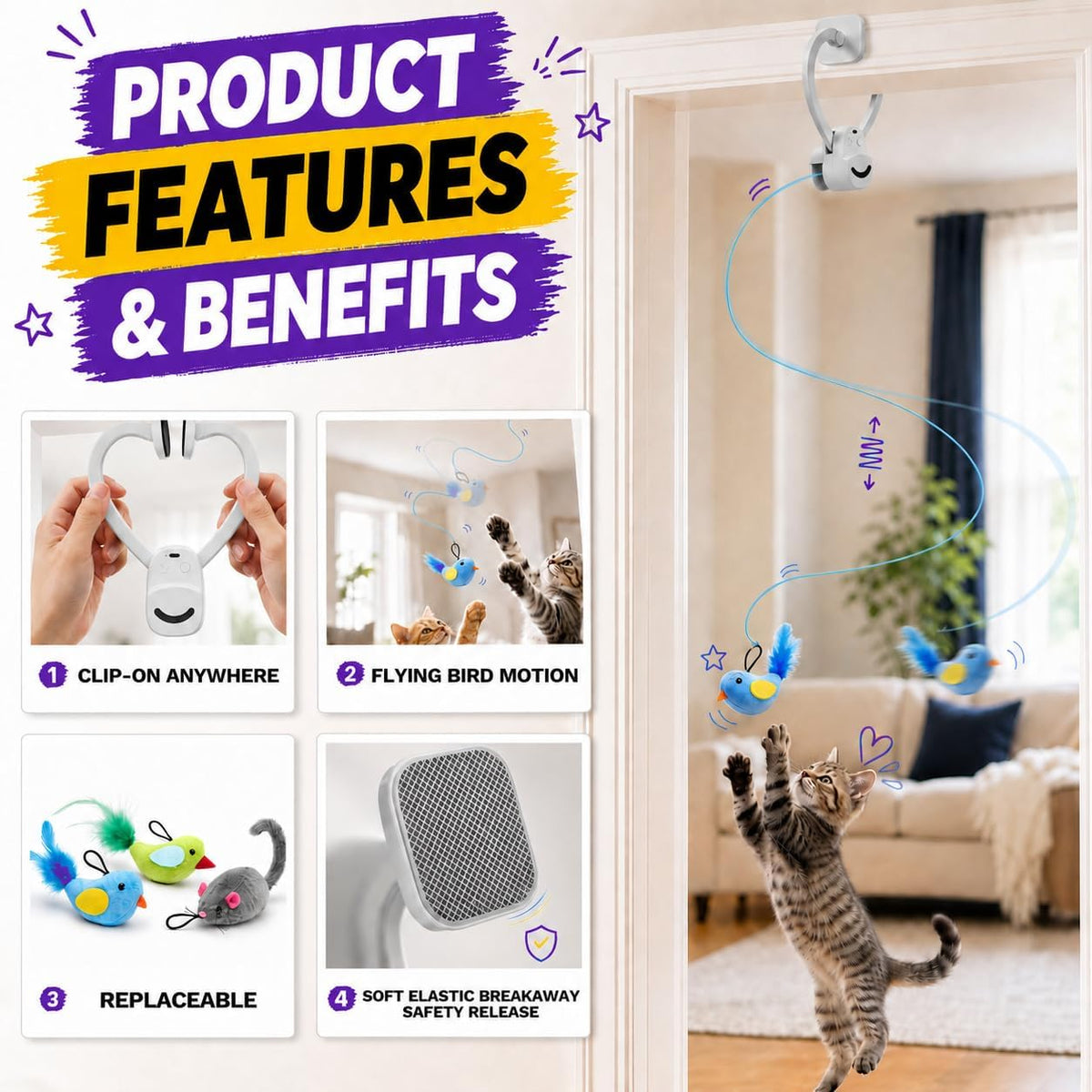 Juguetes interactivos para gatos de interior: varita de plumas de ave voladora automática, juguete de persecución, ejercicio, enriquecimiento y estimulación, USB recargable, duradero, seguro, juguete