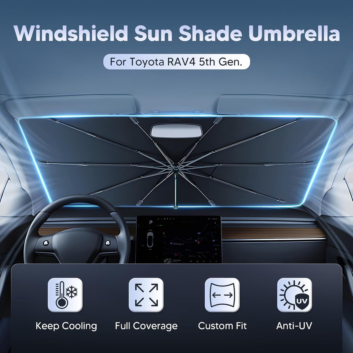 Autorder Parasol para parabrisas para Toyota RAV4 2019-2025 2026, material de cristal de hielo mejorado, paraguas de fácil instalación para parabrisas de automóvil, 100% bloqueo solar