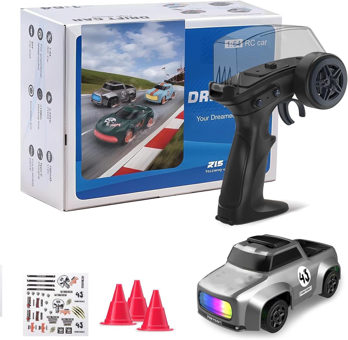 ANTSIR Auto RC 1/64 Drift, 7 luces LED coloridas 4WD RTR Regalo deportivo de carreras