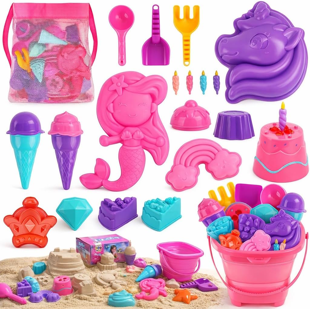 TOY Life 23 piezas de juguetes de playa de unicornio para niños de 4 a 8 años, juguetes de arena plegables con cubo de silicona, palas y kit de moldes para construir castillos de arena, juguete de