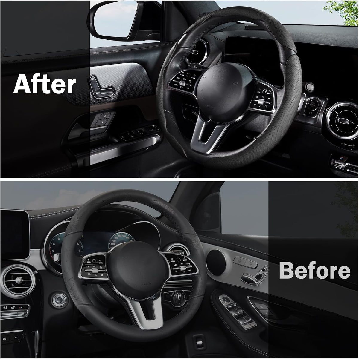 Cubierta de volante de coche de cuero con cierre de presión de 3 piezas, juego de protector antideslizante y envolvente, accesorios para volante universal de 37-38 cm, negro