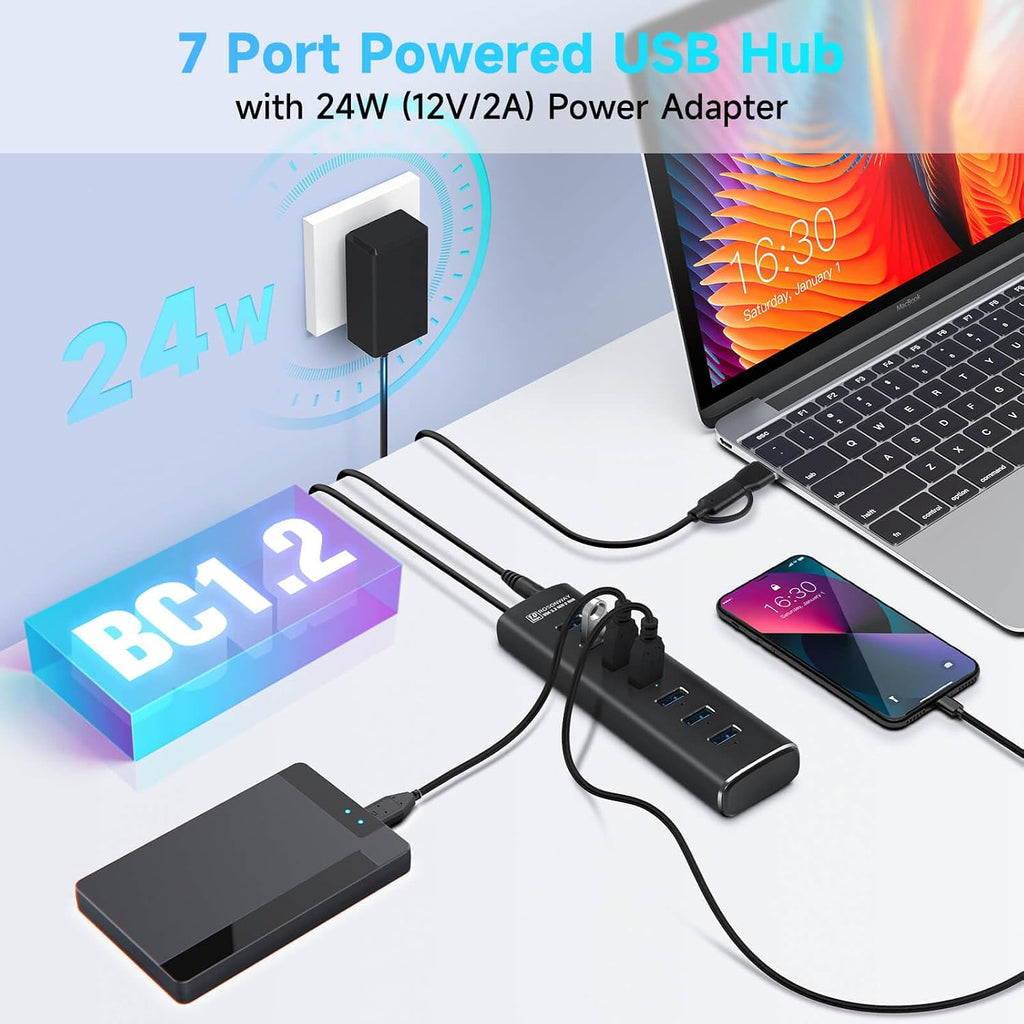 Rosonway, RSH-A107, hub USB 3.2 de 7 puertos, alimentado, adaptador 12V/2A