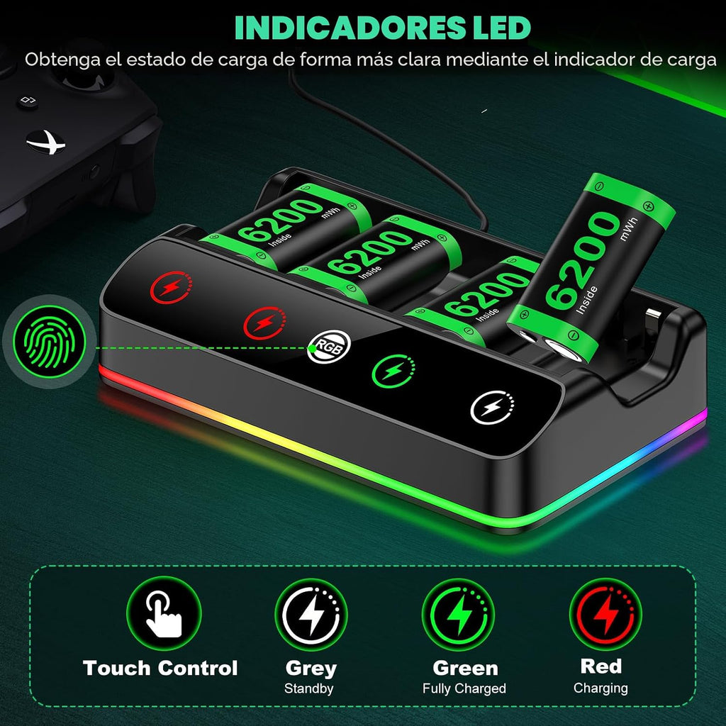 DINOSTRIKE Paquete de 4 baterías de 6200 mWh compatibles con estación de carga del controlador Xbox One/Series S/X. Cable USB C extendido: batería recargable para Xbox