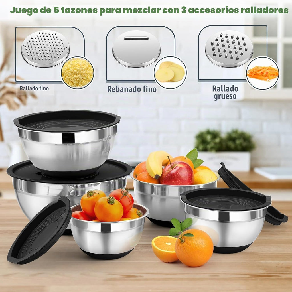 P&P CHEF - Juego de cuencos de mezcla con tapa, 5 piezas de cuencos de acero inoxidable para anidación y almacenamiento de ensaladas, 3 accesorios para rallar y fondos antideslizantes, tamaño 1/1.5/2
