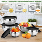 P&P CHEF - Juego de cuencos de mezcla con tapa, 5 piezas de cuencos de acero inoxidable para anidación y almacenamiento de ensaladas, 3 accesorios para rallar y fondos antideslizantes, tamaño 1/1.5/2