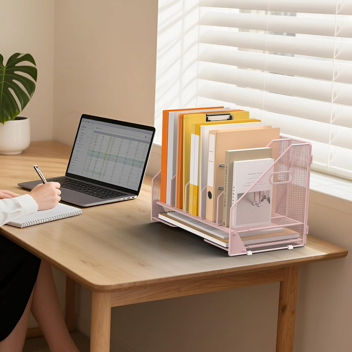 Organizador para Archivos de Escritorio con 5 Compartimentos Verticales y Bandeja para Cartas, Organizador Clasificador de Archivos de Malla para Revistas, Accesorios de Escritorio y