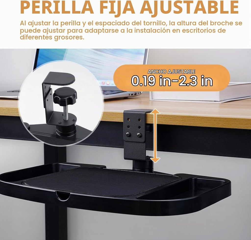 Plataforma de soporte de alfombrilla de mouse con abrazadera, altura ajustable debajo del escritorio, soporte de extensión giratoria de 360°, con 5 compartimentos de almacenamiento, ahorra