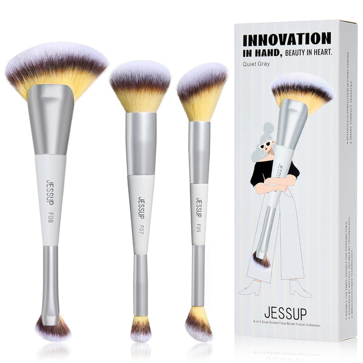 Jessup Juego de 3 brochas de maquillaje facial de doble cara para b...