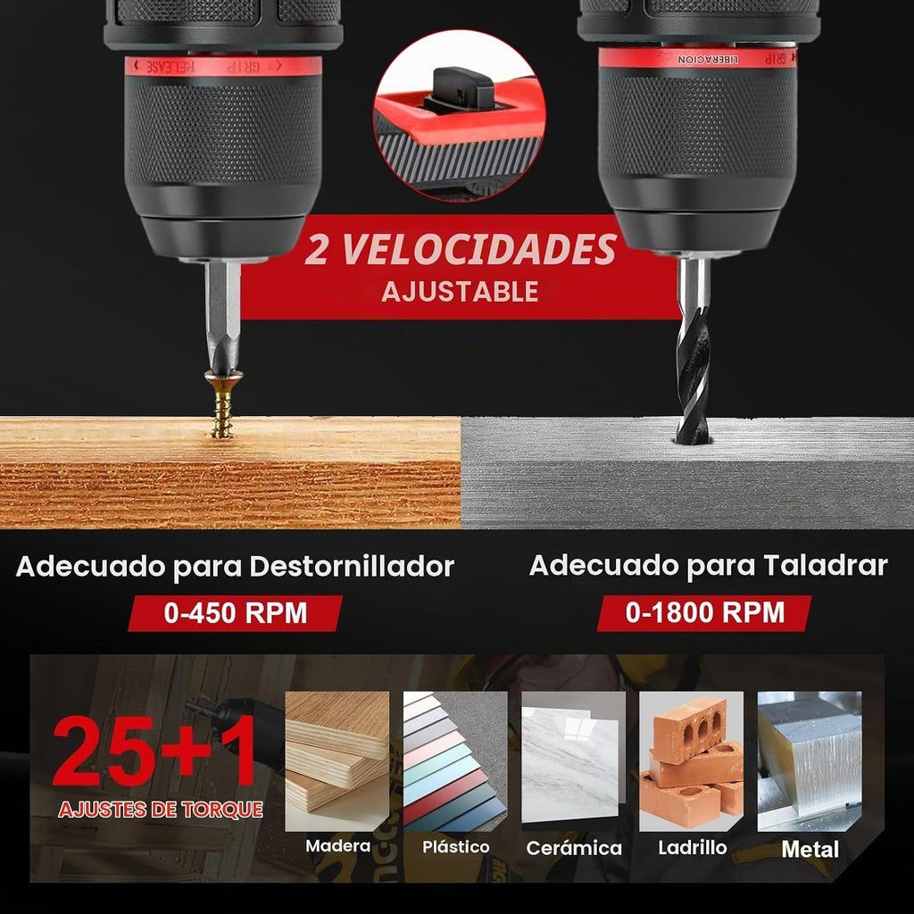 Juego de taladro eléctrico inalámbrico sin escobillas de 21 V con batería de gran capacidad de 4.0 Ah y cargador, taladro eléctrico de metal sin llave de 3/8 pulgadas, ajuste de par 25+1, 2 velocidades, kit de taladro de 87 piezas para proyectos de bricol