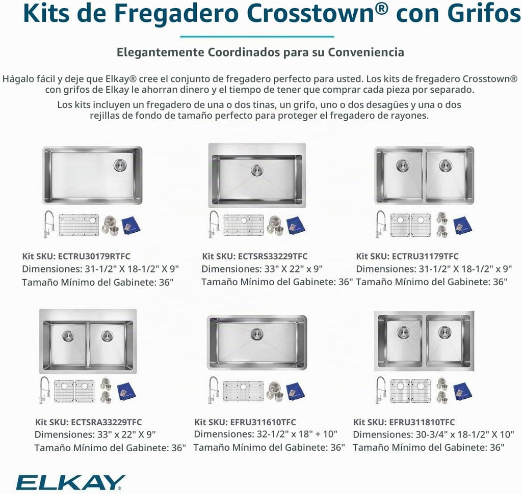 Elkay Crosstown Fregadero Undermount de Acero Inoxidable 16 Gauge 32-1/2" x 18" x 10" Tazón Único con Kit de Grifo