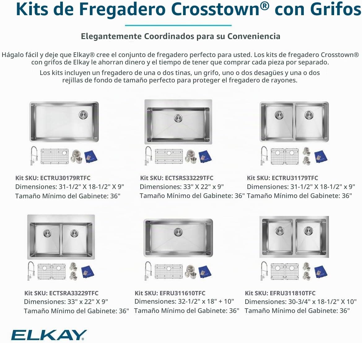 Elkay Crosstown Fregadero Undermount de Acero Inoxidable 16 Gauge 32-1/2" x 18" x 10" Tazón Único con Kit de Grifo
