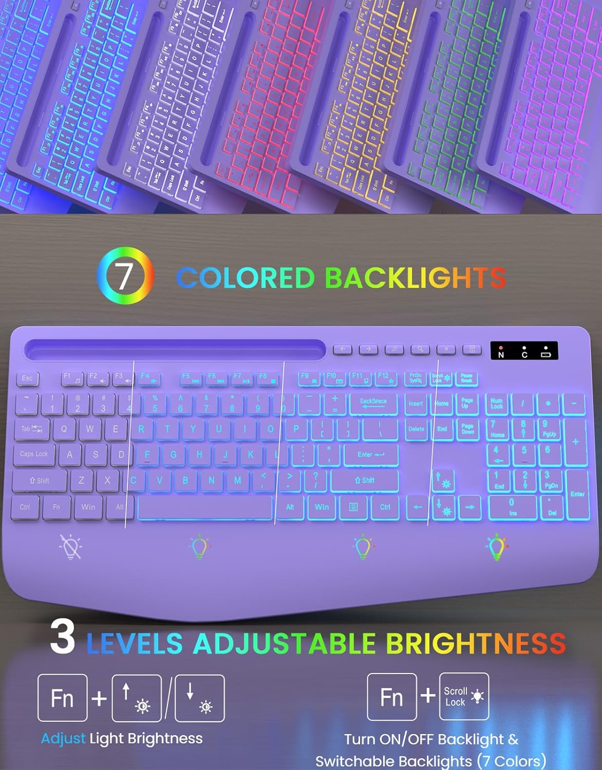 Teclado inalámbrico con retroiluminación de 7 colores, reposamuñeca...