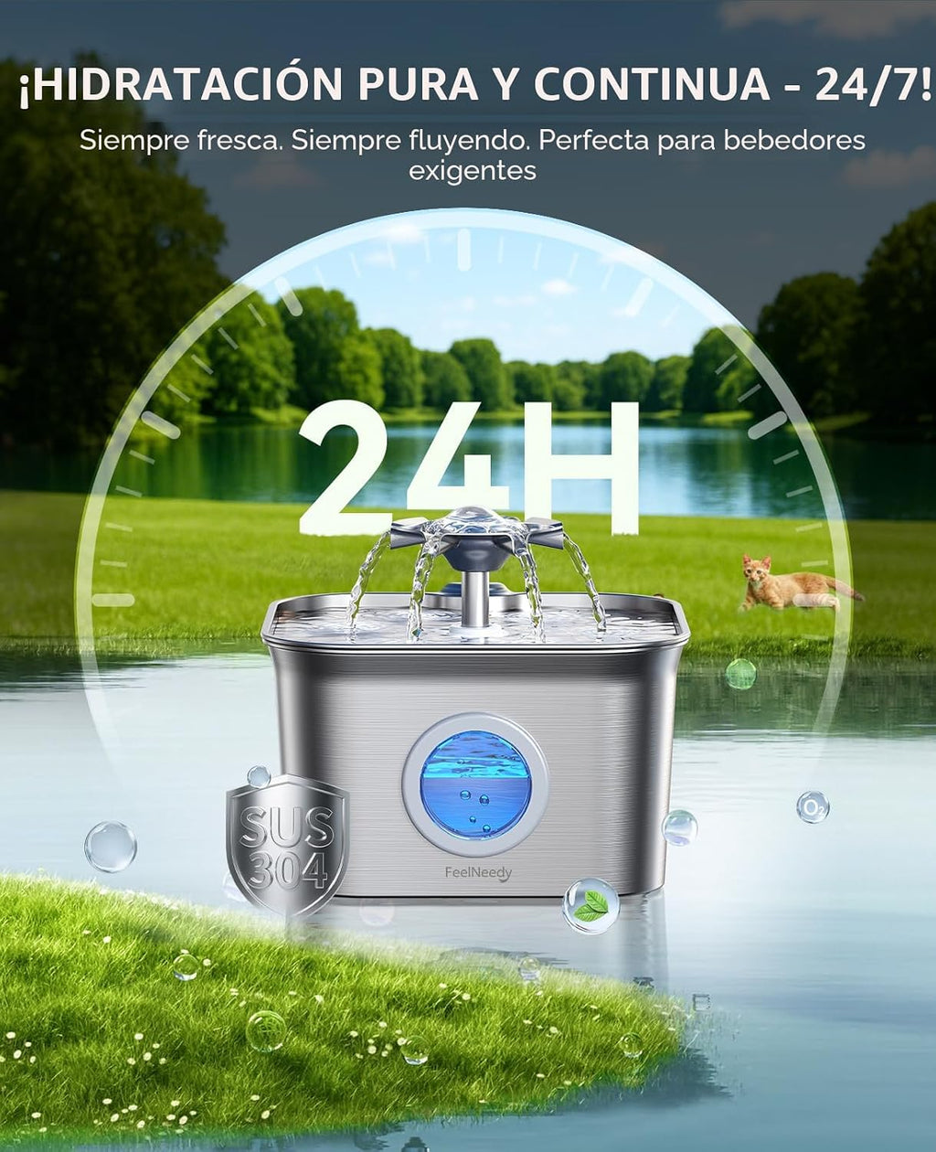 Fuente de agua para gatos Acero inoxidable: 99oz/2.8L Bebedero automático para mascotas