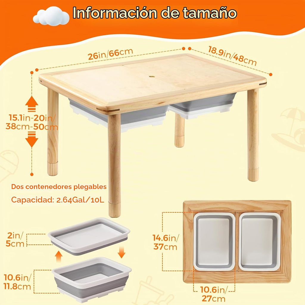 FUNLIO Mesa sensorial de madera para niños pequeños de 1 a 5 años, mesa de actividades para niños de 3 niveles de altura ajustable con tapa de madera contrachapada antideformación, mesa de arena y agua para interiores y exteriores, certificado CPC