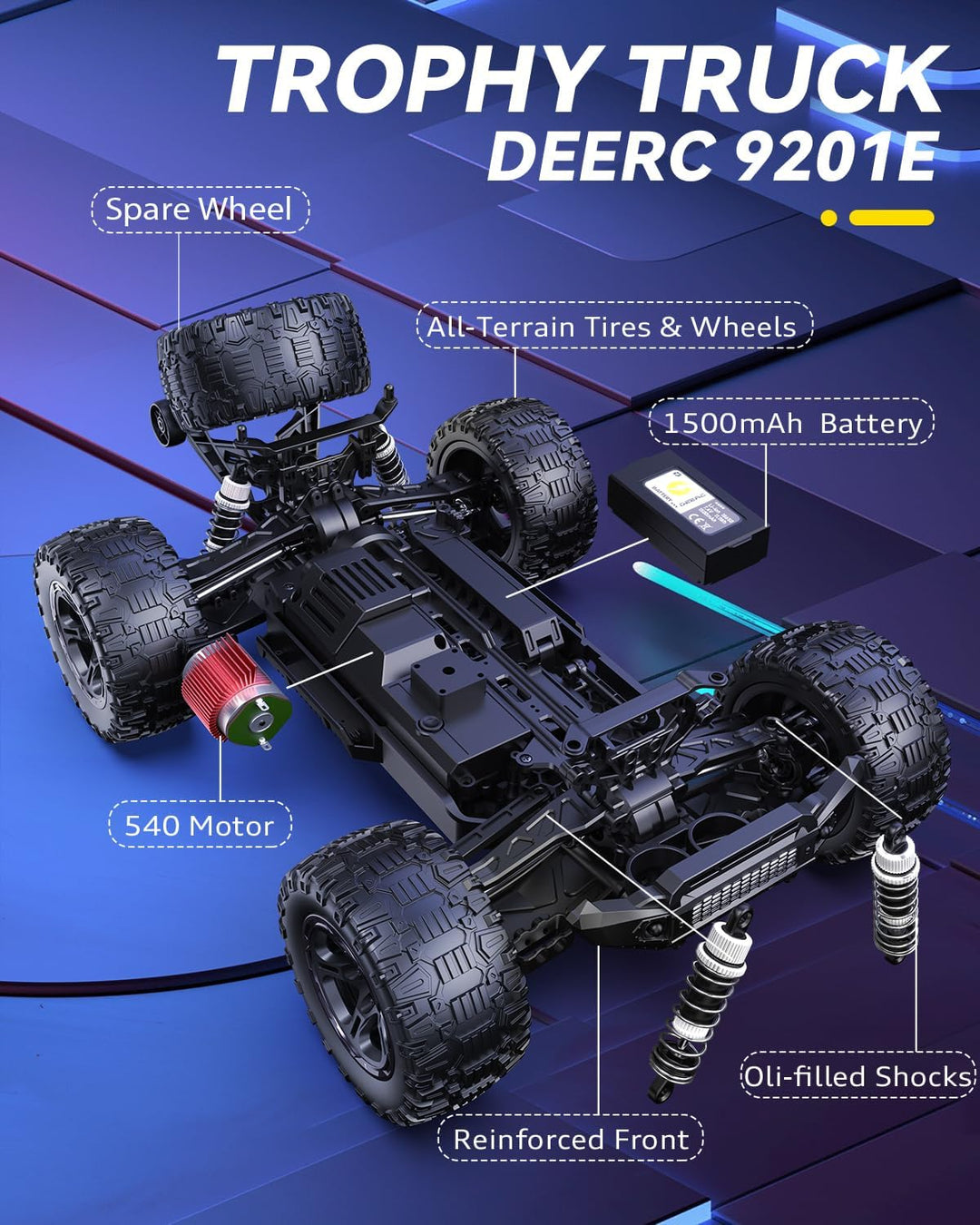 DEERC 9201E 1:10 Camión a control remoto grande con luces, automóvi...