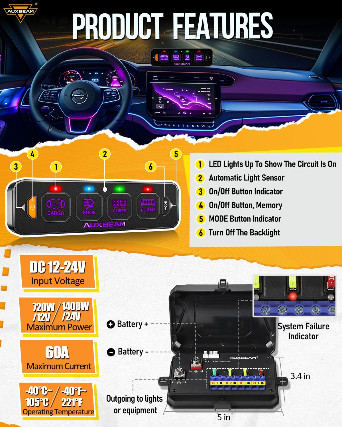 Auxbeam AS-R40 Slim Panel de interruptor de 4 bandas con función de memoria