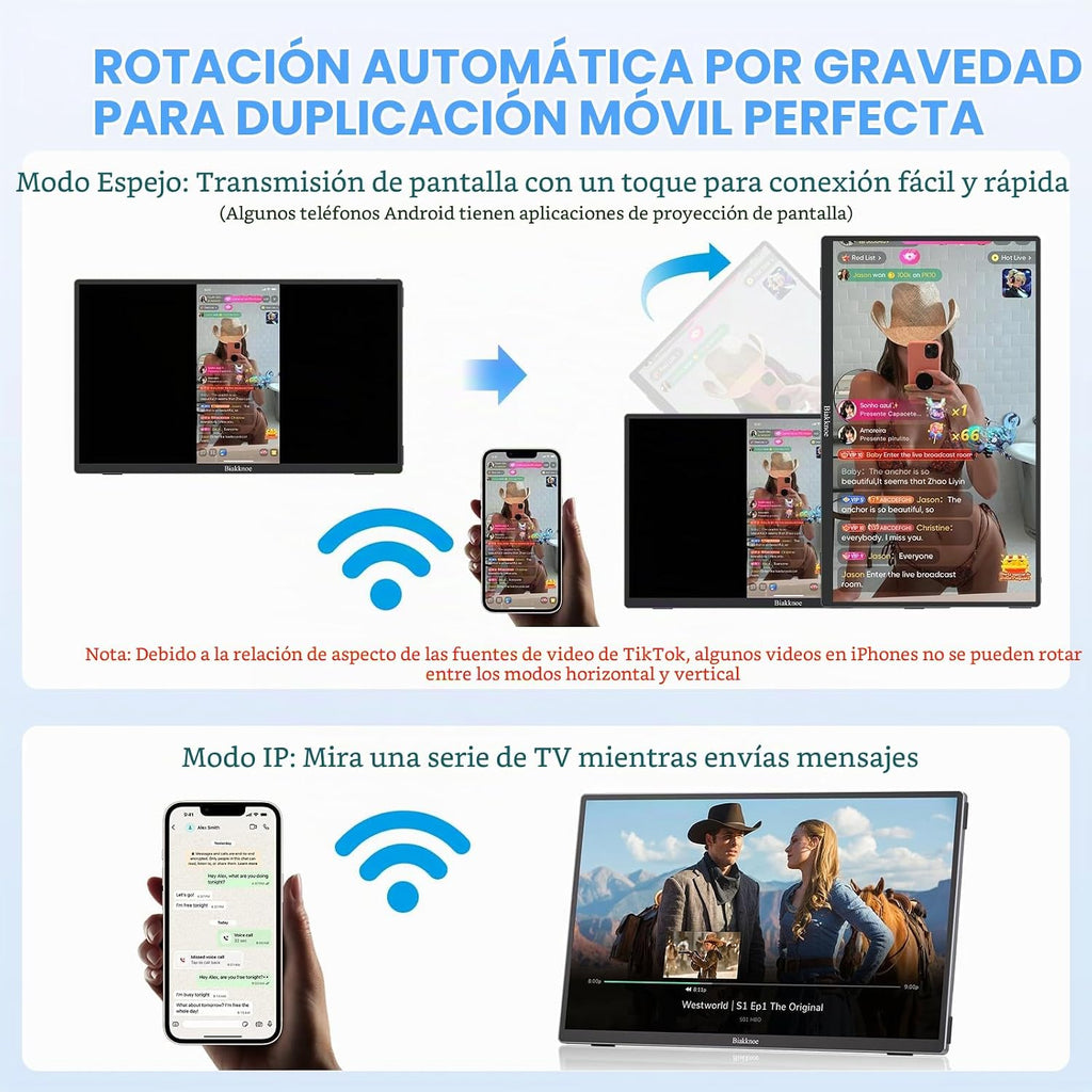 Monitor portátil inalámbrico, extensor de pantalla portátil de 15.6 pulgadas, 1080P, lanzamiento inalámbrico y rotación automática, monitor dual para portátil/Mac/Switch/teléfono/PC