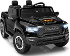 First Ride On Juguetes de paseo de 24 V para niños grandes, auto eléctrico RAM 1500 RHO con licencia para niños con control remoto, camión con Bluetooth, luces LED, almacenamiento de cama de camión