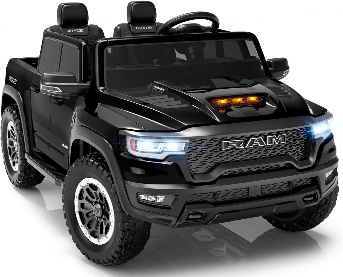 First Ride On Juguetes de paseo de 24 V para niños grandes, auto eléctrico RAM 1500 RHO con licencia para niños con control remoto, camión con Bluetooth, luces LED, almacenamiento de cama de camión