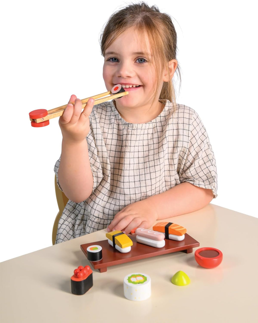 Mentari Juguetes – Juego de sushi – Juego de 11 piezas de comida de madera para niños – Incluye sushi, salsa de soja, wasabi y palillos – Fomenta el juego imaginativo, habilidades motoras finas