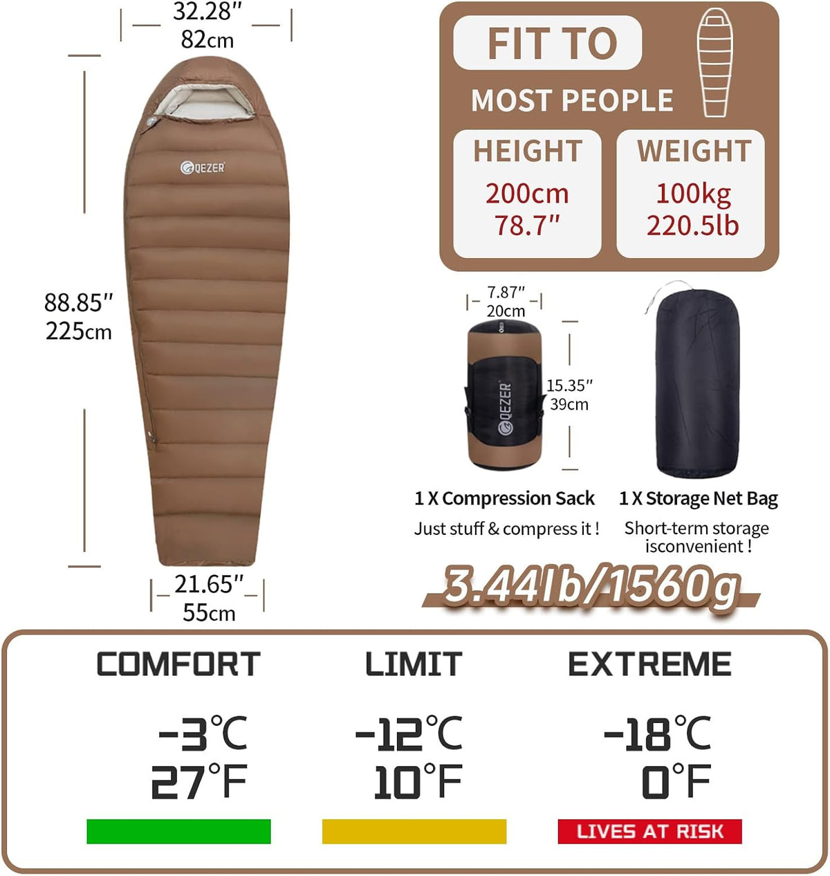 Manta/ Bolso de dormir con temperatura de 0 °C para adultos, camping de clima frío