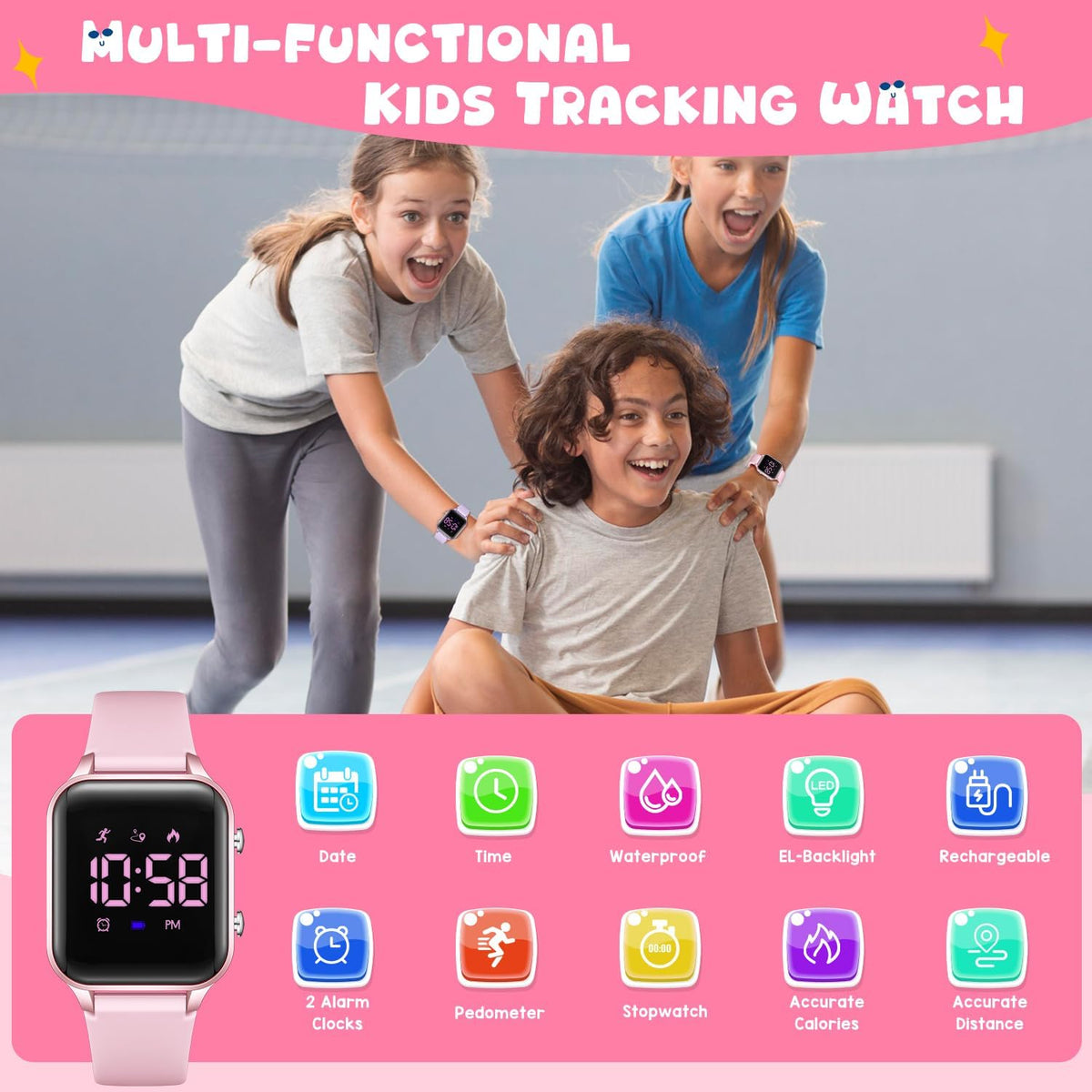 Relojes digitales para niños y niñas, reloj deportivo con rastreador de fitness, podómetro, alarmas, cronómetro, no necesita aplicación, reloj impermeable para niños, regalo para adolescentes