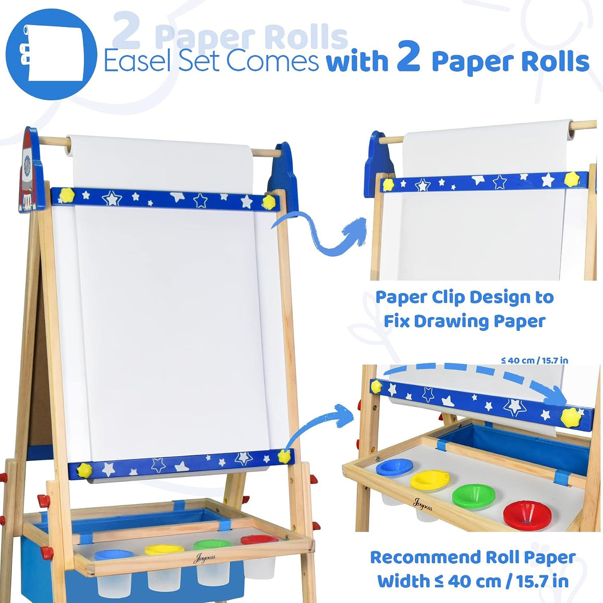 Joyooss - Caballete de arte para niños, caballete de pie ajustable para niños con tablero magnético y pizarra, pizarra magnética para niños, caballete de arte con 2 rollos de papel, pinturas para