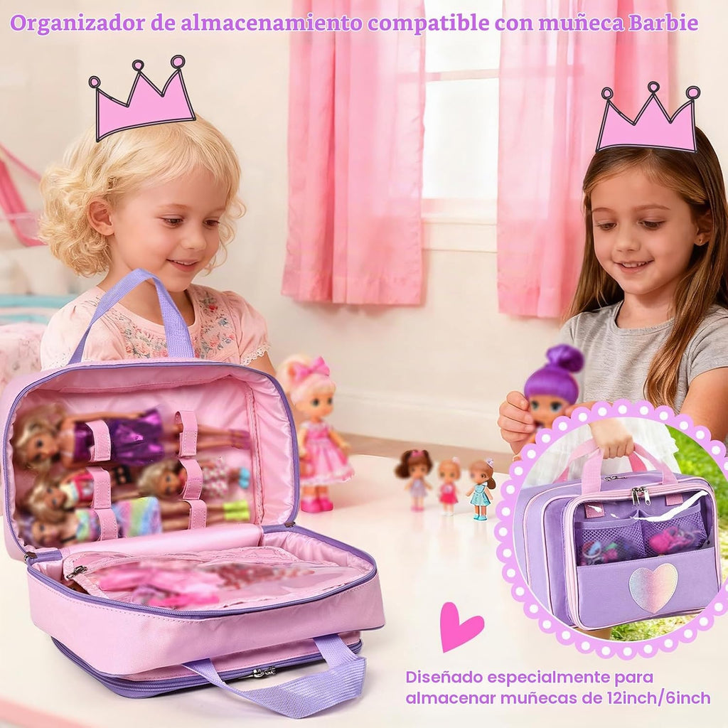 Funda de transporte compatible con muñecas Barbie de 12 pulgadas/6 pulgadas, organizador todo en uno con capacidad para 6-12 muñecas y accesorios, funda de viaje grande para muñecas con asa, solo bolsa (morado)
