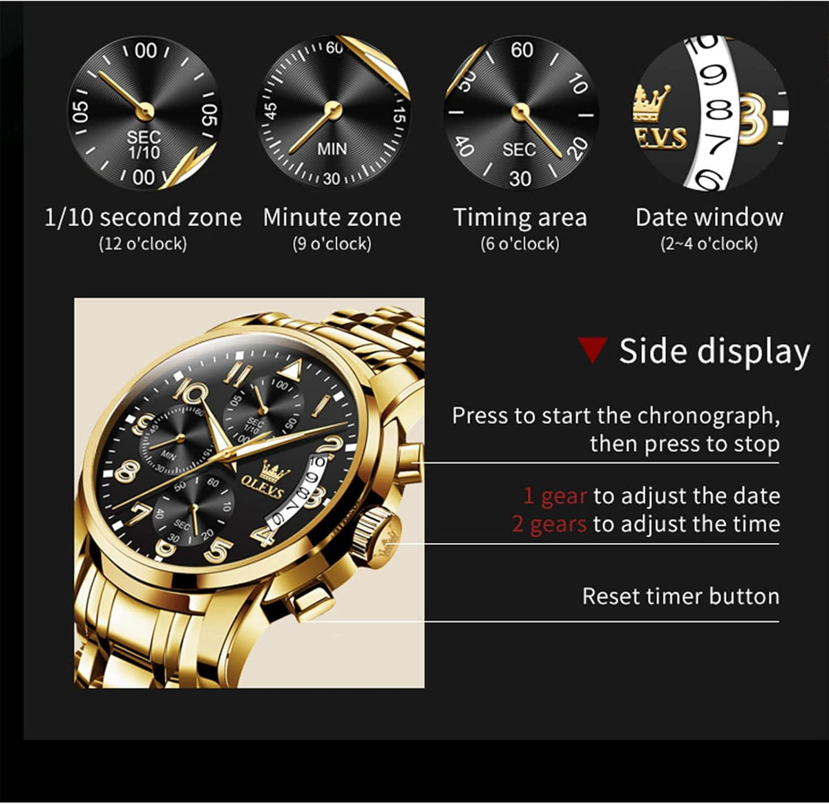 OLEVS Relojes de Oro para Hombres Reloj de Pulsera de Lujo a Prueba de Agua Gran Cara Elegante Acero Inoxidable Analógico Cuarzo Fecha Cronógrafo Luminoso Lectura Fácil Relojes de Negocios Regalos para Hombres Graduación