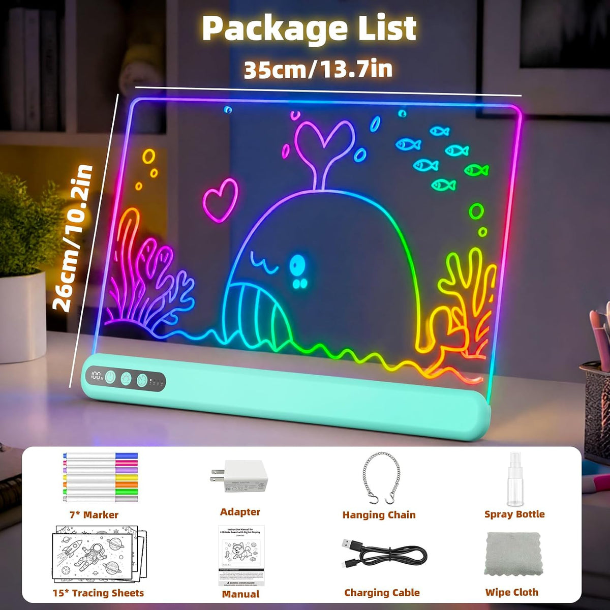 Tablero de dibujo LED de 16 pulgadas para niños, tablero de notas LED recargable con 7 colores, tableta de dibujo iluminada, 7 modos dinásticos, incluye adaptador, regalos de Navidad, cumpleaños