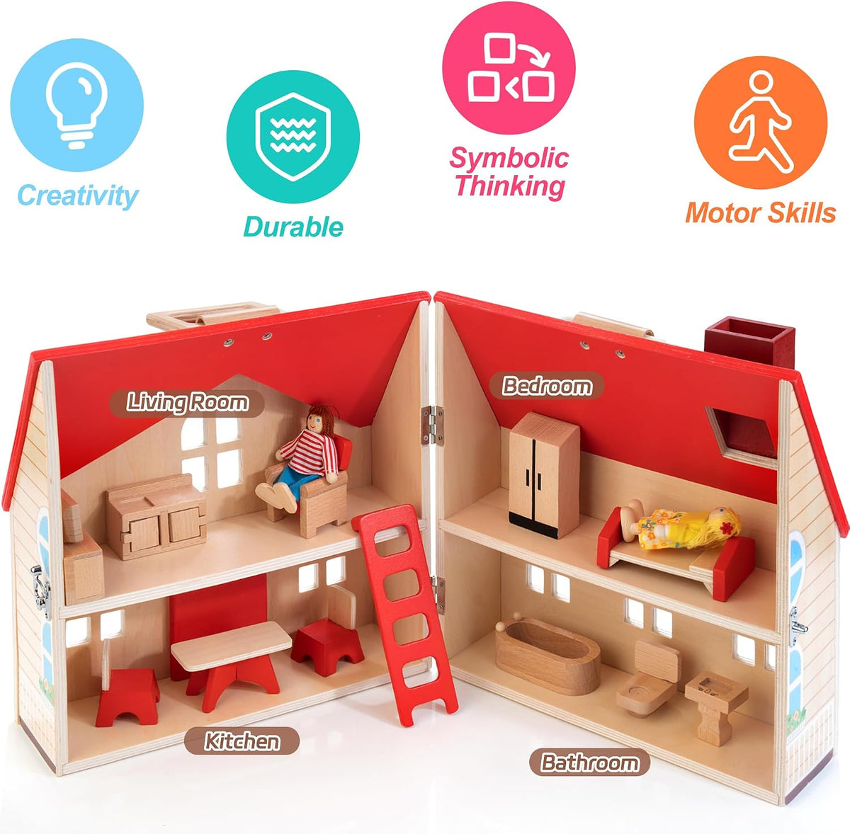 WOODMAM Casa de muñecas plegable de madera con muebles para juegos de