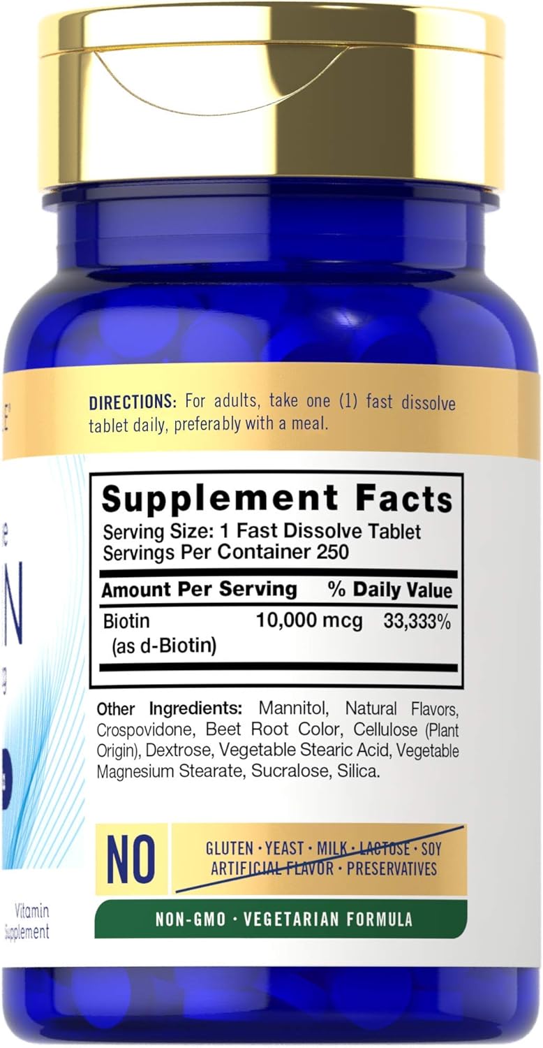 Carlyle Biotin 10000 mcg | 250 tabletas de rápida disolución | Fuer...