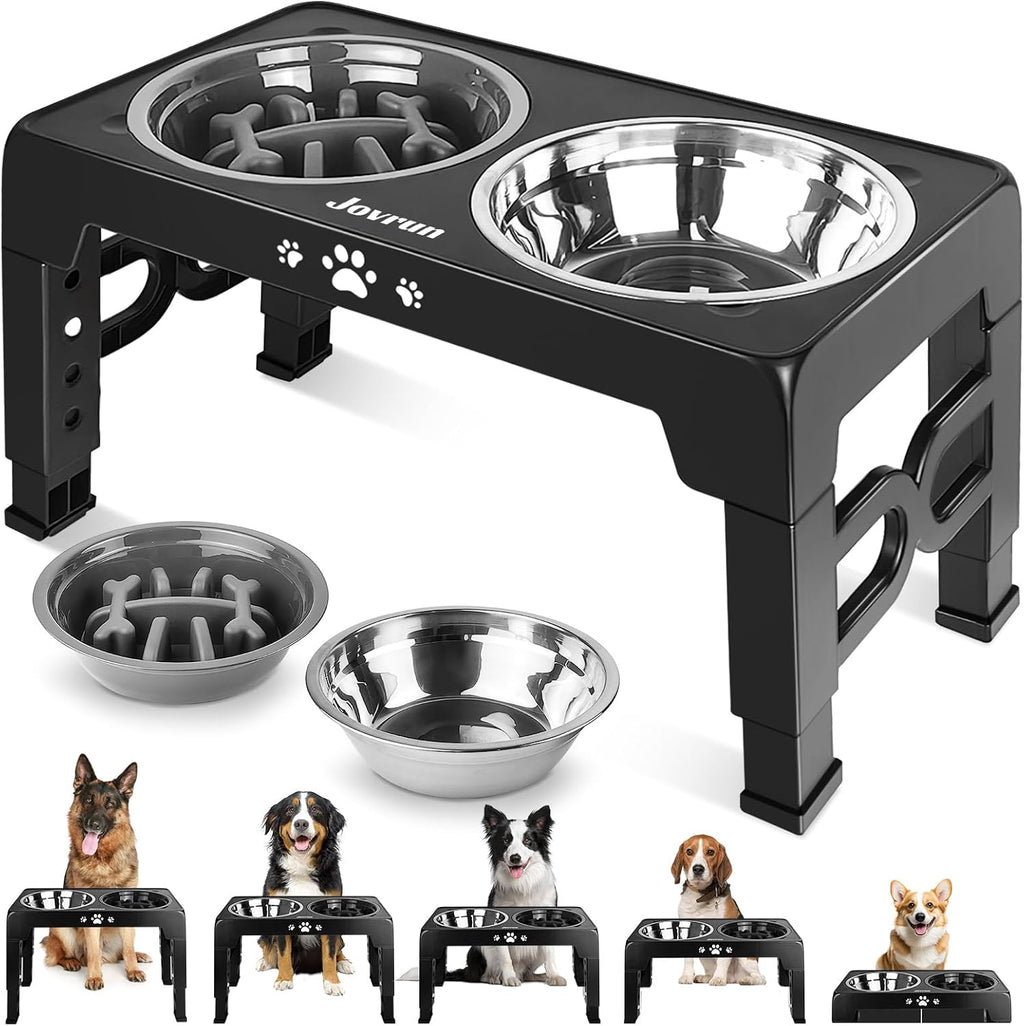 Cuencos elevados para perros medianos y grandes, comedero antideslizante para perros con 1 plato de acero inoxidable y 1 cuenco de alimentación lenta, cuencos elevados ajustables de 5 alturas a 3.15 pulgadas -8.66 pulgadas -9.84 pulgadas -11.02 pulgadas