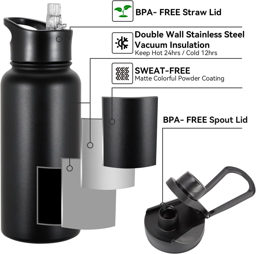 Botella de Agua Aislada de 32 oz Paquete a Granel de 8, Botellas de Agua Deportivas de Acero Inoxidable con Tapa de Pajita y Tapas de Boca Ancha, Vacío de Doble Pared, A Prueba de Fugas, Negro