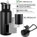 Botella de Agua Aislada de 32 oz Paquete a Granel de 8, Botellas de Agua Deportivas de Acero Inoxidable con Tapa de Pajita y Tapas de Boca Ancha, Vacío de Doble Pared, A Prueba de Fugas, Negro