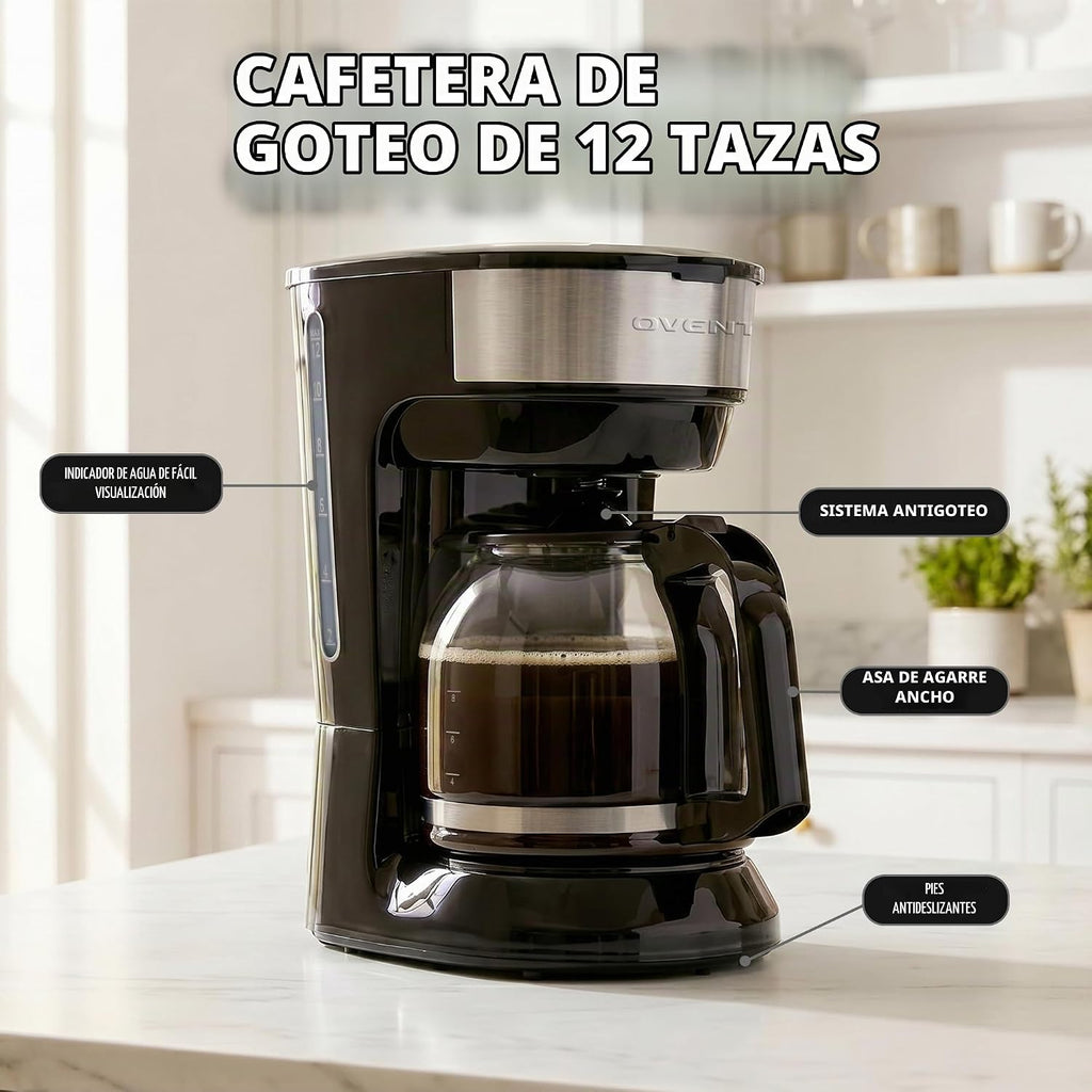 OVENTE Cafetera de goteo para 12 tazas con interruptor Easy On/Off, negra CM412B