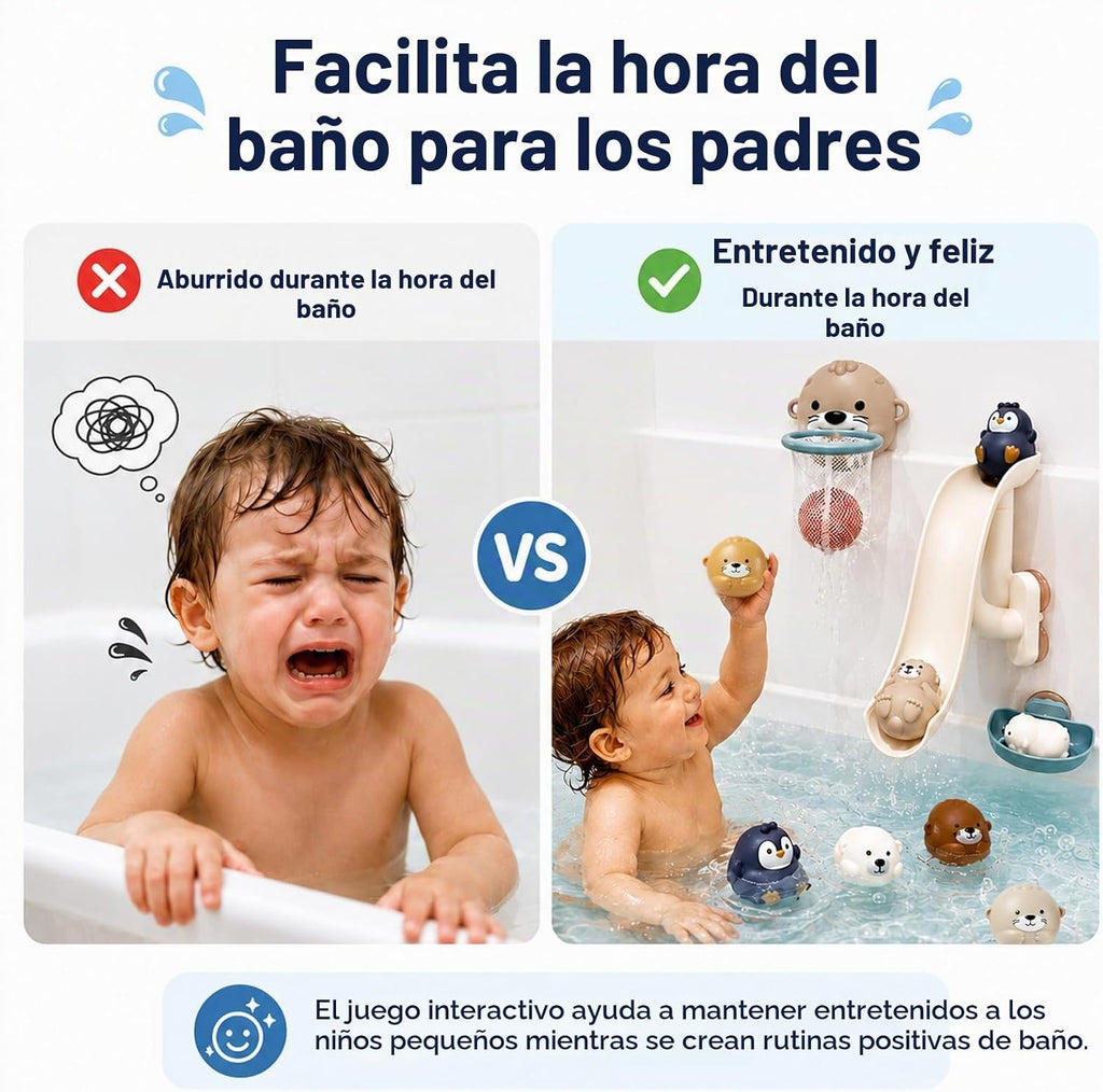 Juguetes de baño para mayores de 3 años, sin agujero, 6 animales marinos flotantes con tobogán de agua, aro de baloncesto y red de atrapación, juguetes de bañera para niños y niñas, juguetes de agua