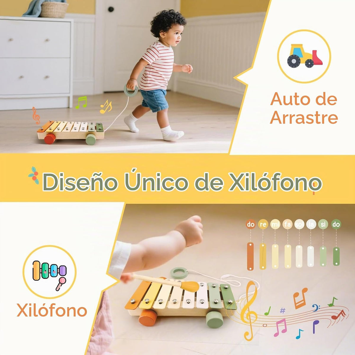 Instrumentos musicales de madera para niños pequeños de 2 años en adelante, xilófono Montessori, Maracas, sonajeros, trompeta, juguetes musicales para bebés con bolsa de almacenamiento, regalos para niños y niñas