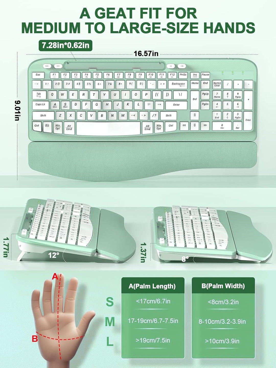 Teclado inalámbrico ergonómico con reposamuñecas acolchado, teclas...