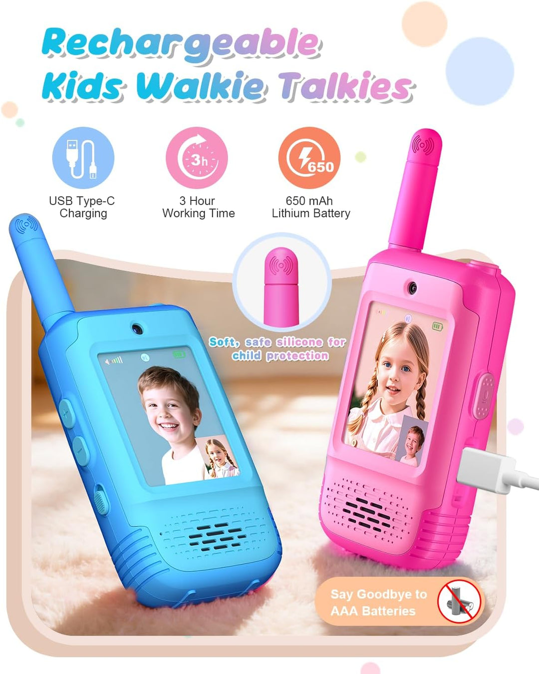 Walkie Talkies de video para niños, paquete de 2 con 3 cambiadores...