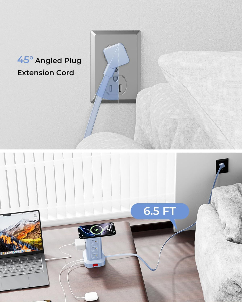 Regleta azul con 12 tomacorrientes, 4 USB (1 USB C), cable de extensión de 6.5 pies con múltiples tomas, estación de carga, torre de regleta de alimentación, suministros de escritorio de oficina en