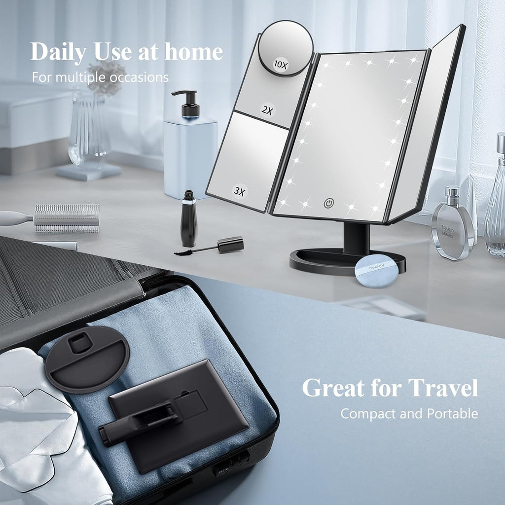 Espejo de tocador con aumento 2X/3X/10X con iluminación, espejo de maquillaje plegable trifold