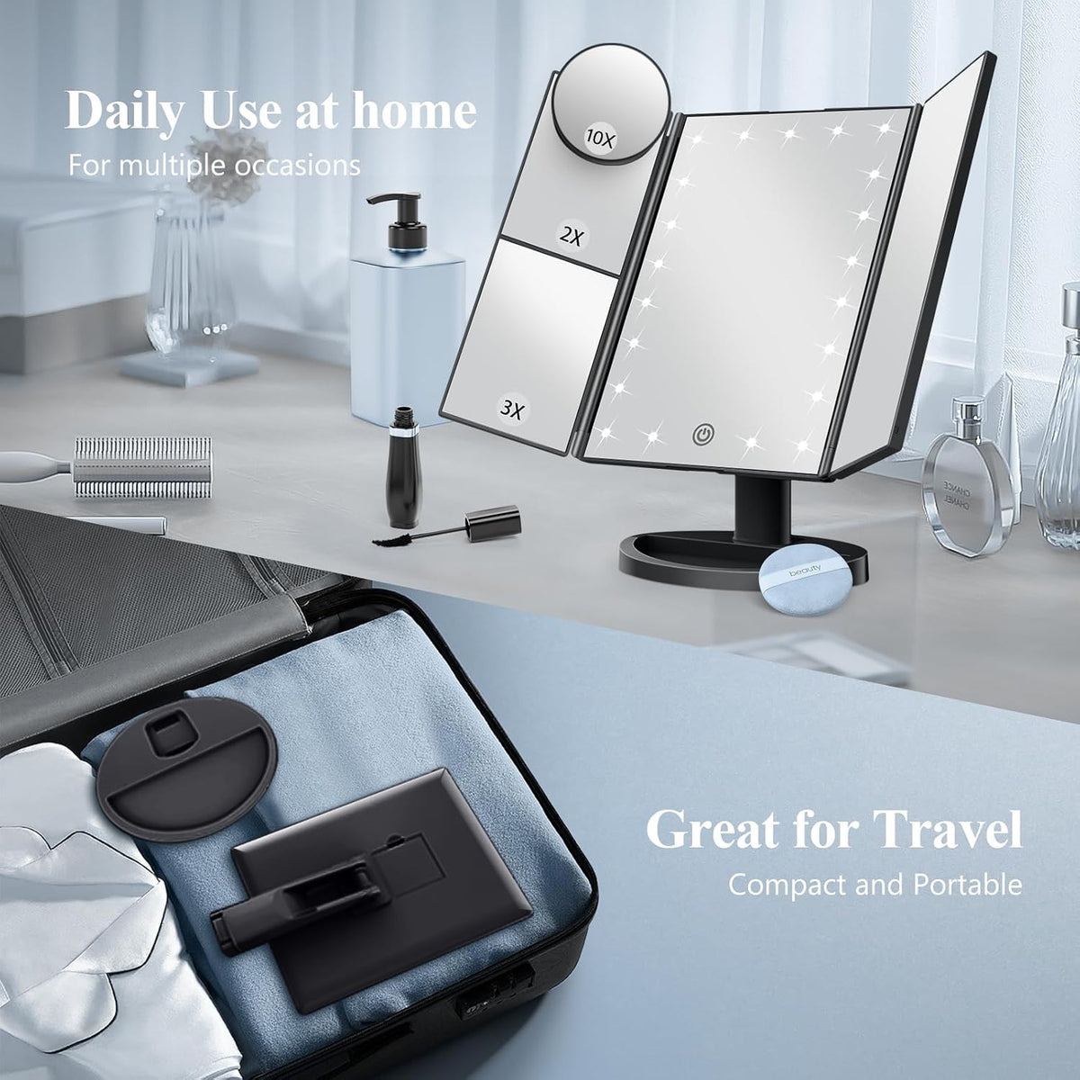 Espejo de tocador con aumento 2X/3X/10X con iluminación, espejo de maquillaje plegable trifold