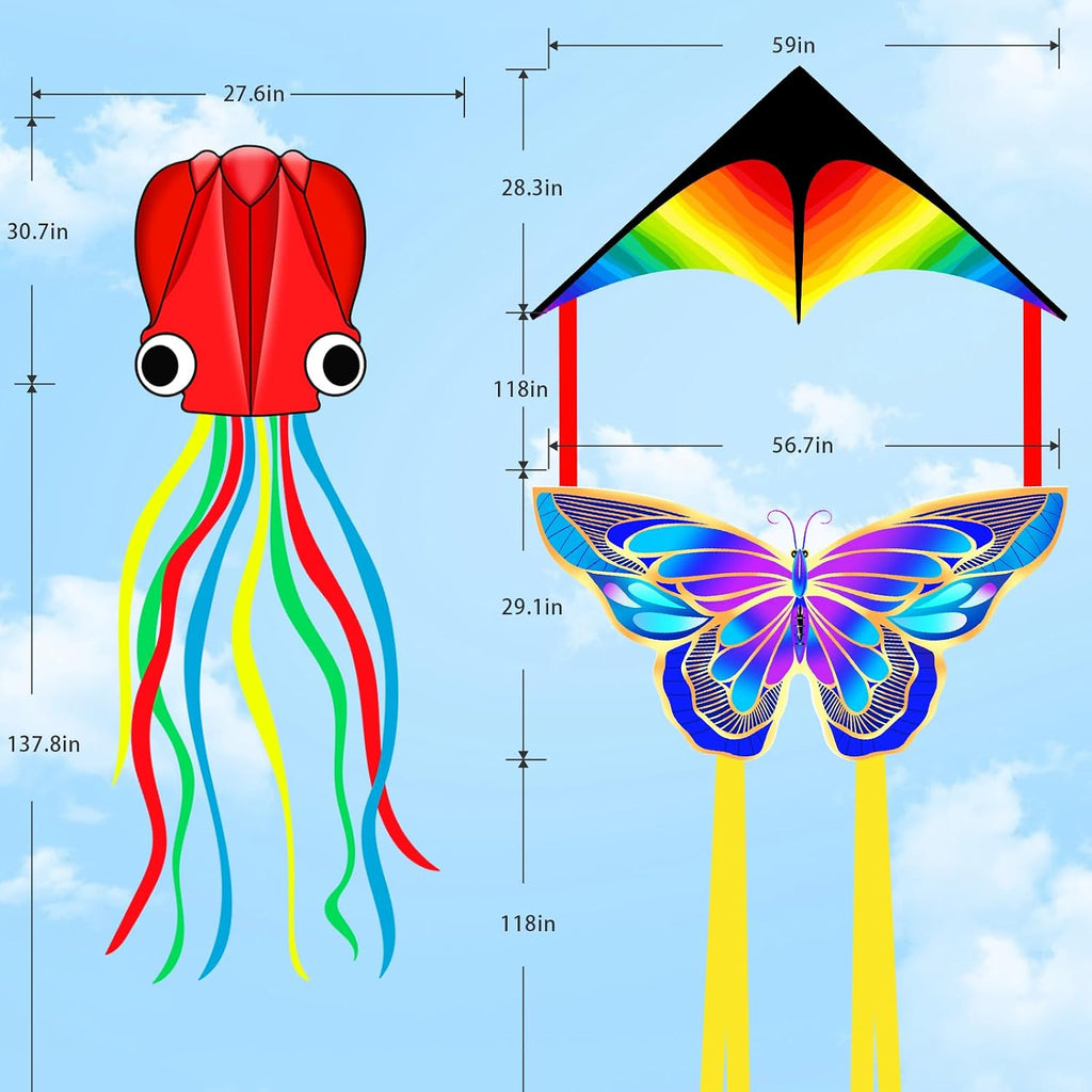 Xida - Cometa de pulpo para niños de 4 a 8 años, cometas profesionales para principiantes y adultos, cometas de playa fáciles de volar para niños y niñas, cola larga y colorida con línea de 200 pies